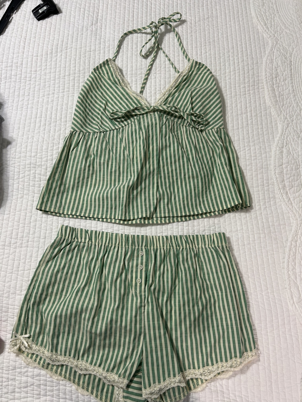 Green Striped Lace-Trim Women's Sleep Set